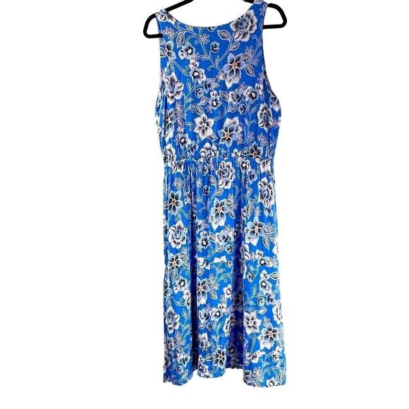 J. Jill v-neck sleeveless blue & orange print floral dress w tassel ties L Petit - Picture 4 of 9